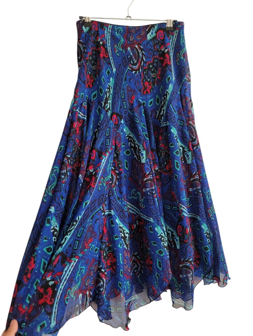 VTG Newsworthy Paisley Hankyโ Hem Midi Skirt Blue Bohemian Flowy Size Small